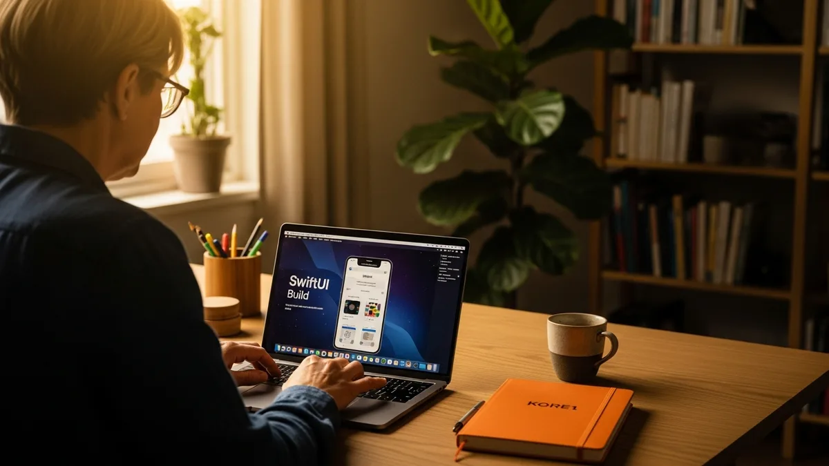 Senior iOS contractor working remotely on a SwiftUI build with a warm home office setup and KORE1 orange notebook on the desk