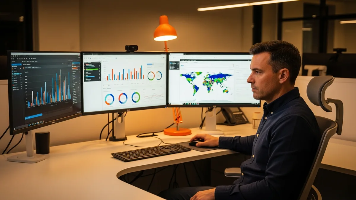 Tableau developer reviewing BI dashboards on multiple monitors at a modern workstation