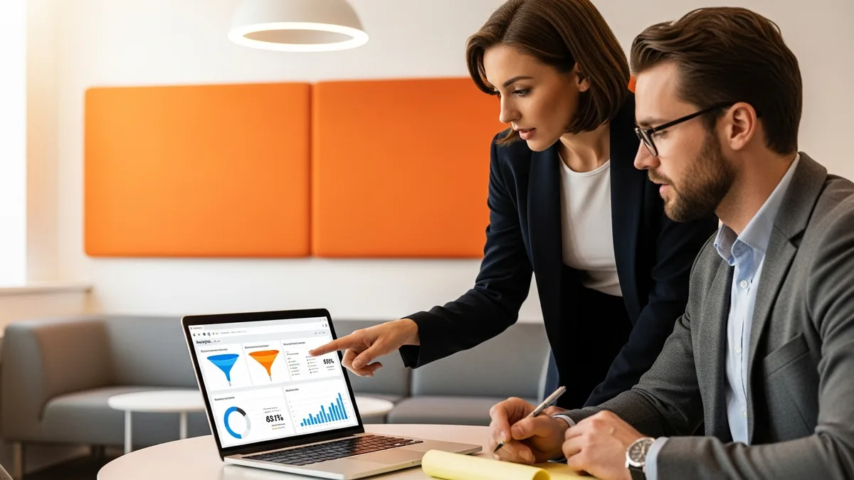 Two analytics professionals collaborating over a laptop showing data visualization dashboards