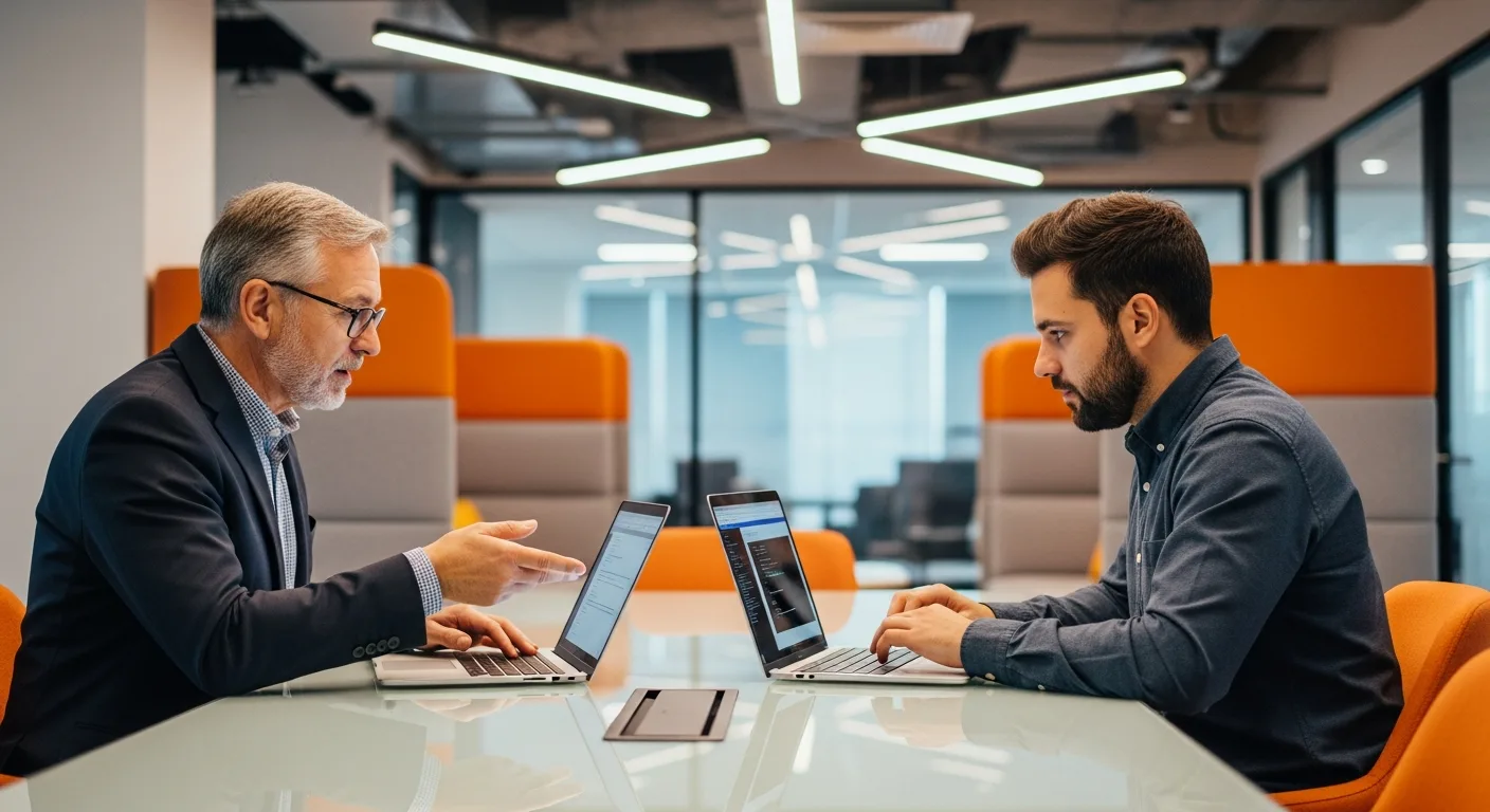 TypeScript developer technical interview with hiring manager in a modern tech company conference room