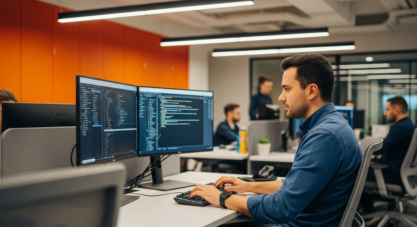 Senior TypeScript developer writing code at a dual-monitor workstation in a modern tech office