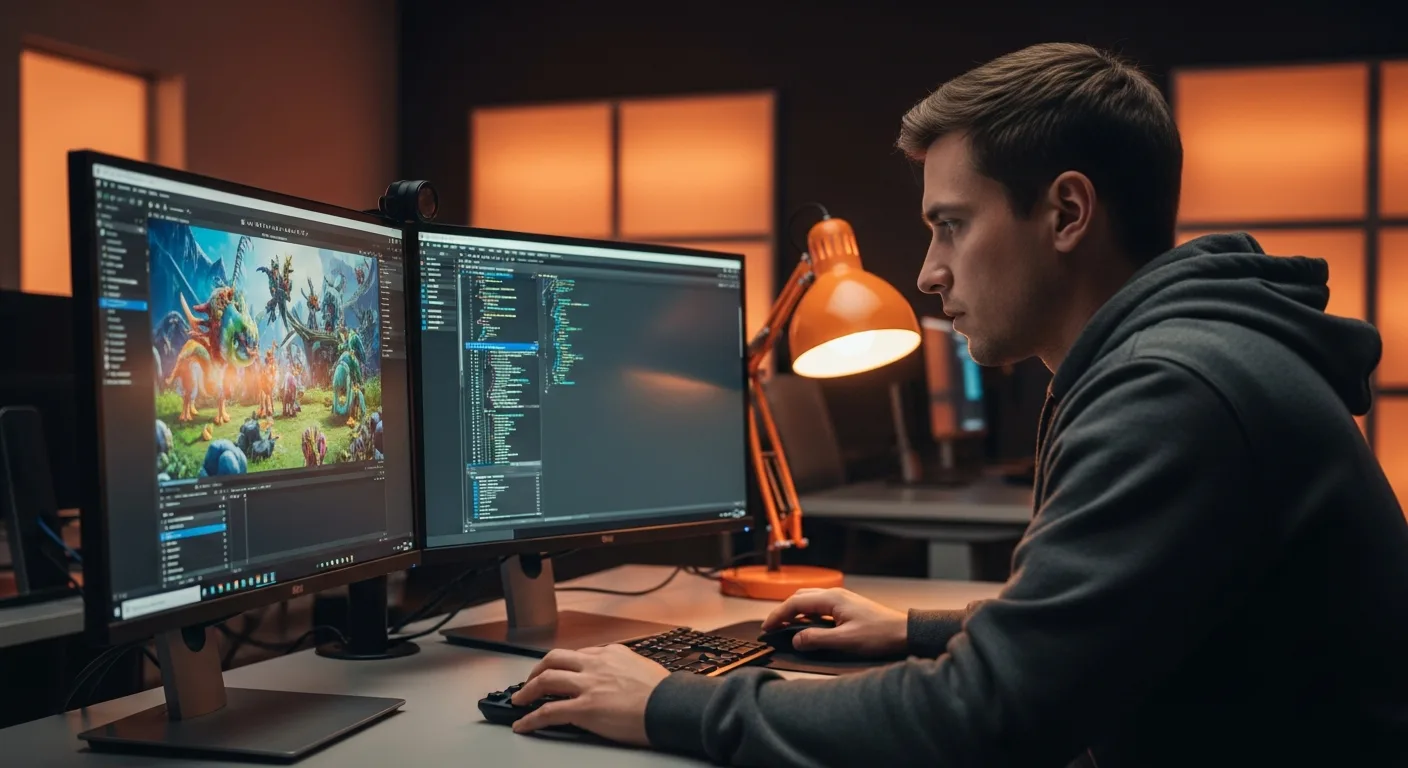 Unity game developer working in Unity 6 editor at a dual-monitor workstation in a modern game studio