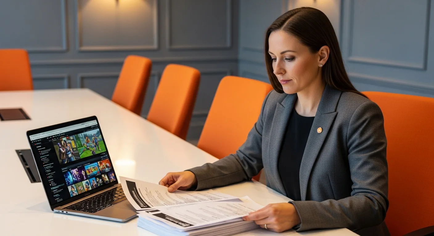 Hiring manager reviewing Unity game developer resumes and portfolio in a professional conference room