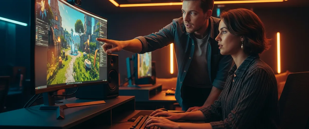 Unity game developers collaborating at a curved monitor in a modern game development studio 2026