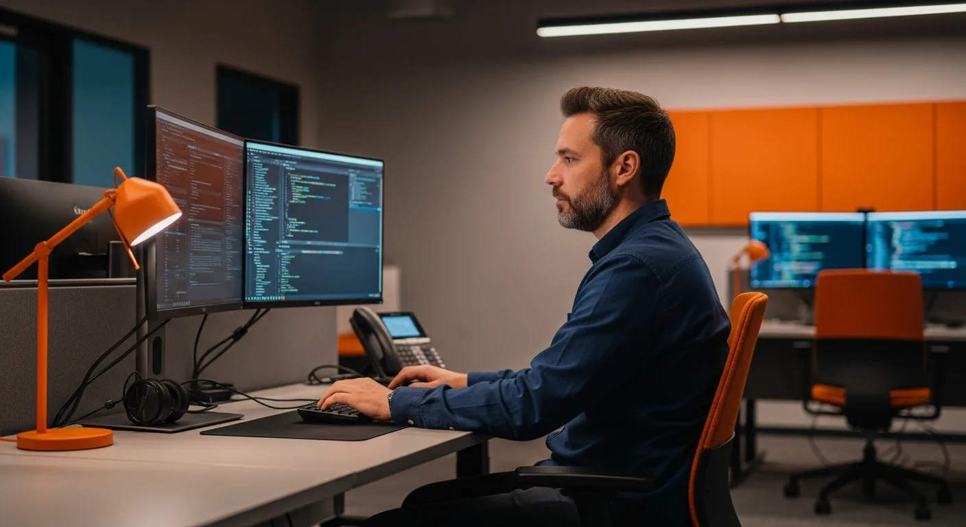 Senior Unreal Engine developer at dual-monitor workstation reviewing UE5 Blueprints and C++ code in modern game studio