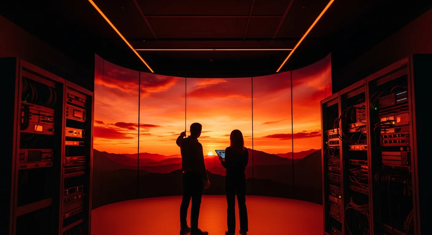 Unreal Engine virtual production team working with LED wall stage and real-time 3D rendering in film studio