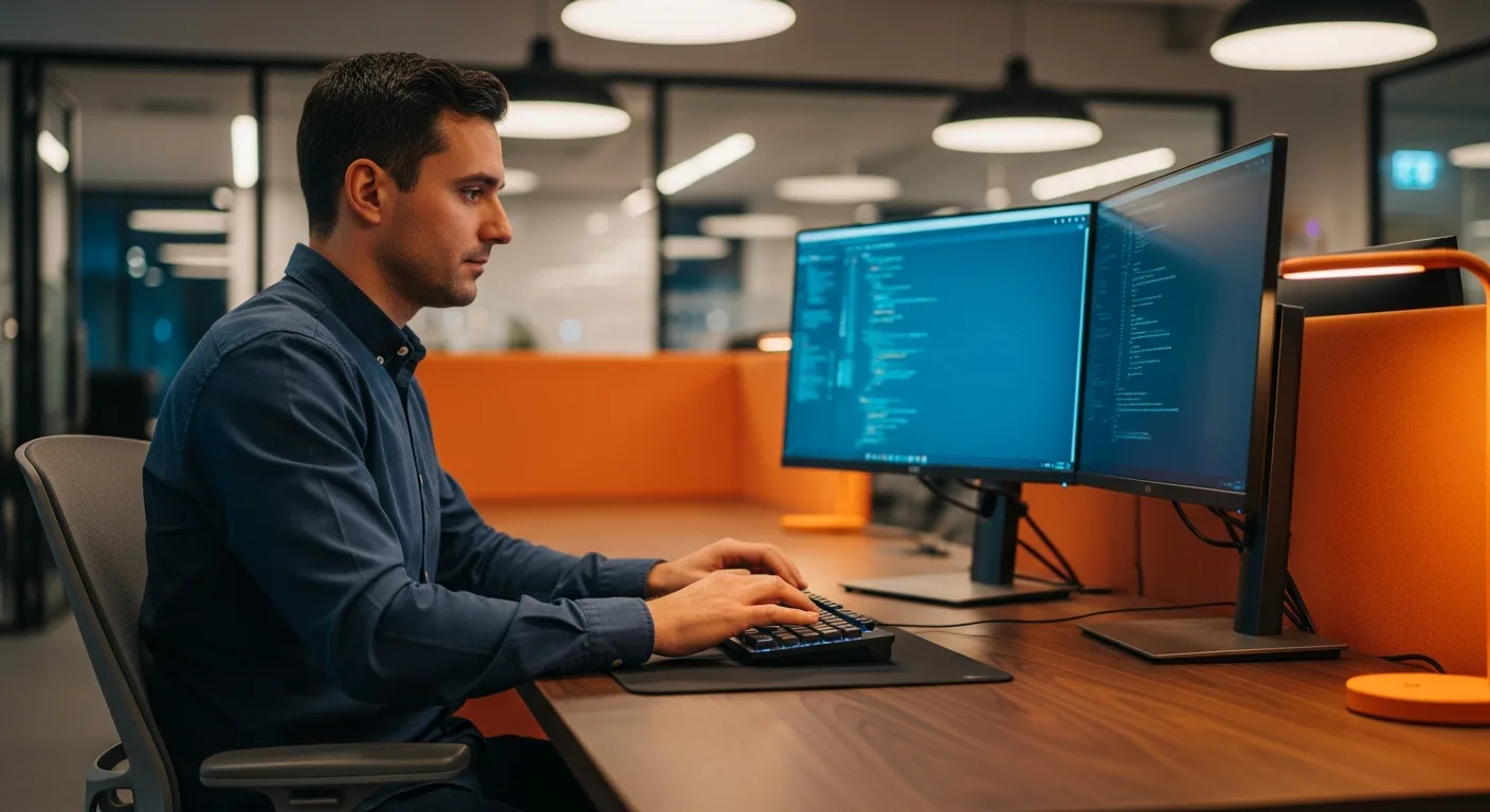 Senior Vue.js developer at dual-monitor workstation writing Vue 3 Composition API code in 2026