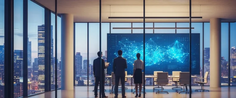Executives in a modern boardroom reviewing an AI network visualization during a strategy session