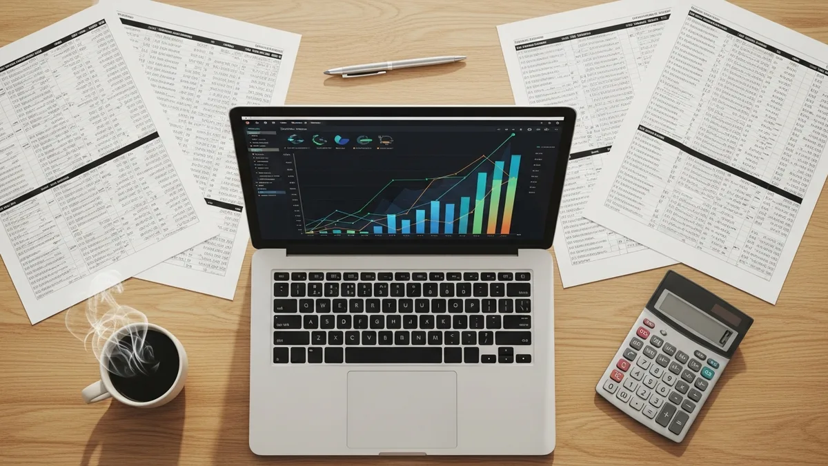 Overhead view of a salary analysis workspace with laptop showing trend charts and printed compensation spreadsheets