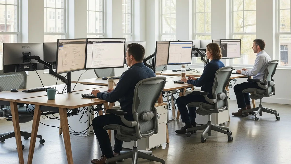 Row of sequenced engineering workstations with AI team members working, showing the ordered build of the first five AI hires