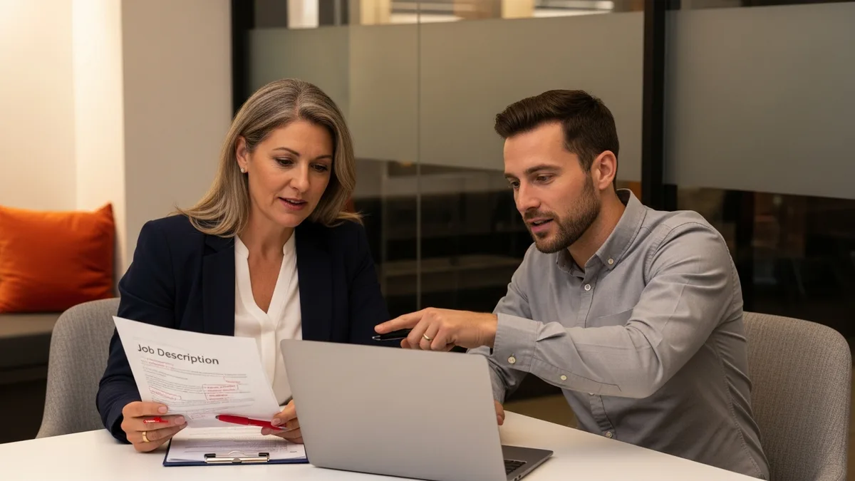 Hiring manager and technical lead reviewing and editing a cloud engineer job description in a modern conference room