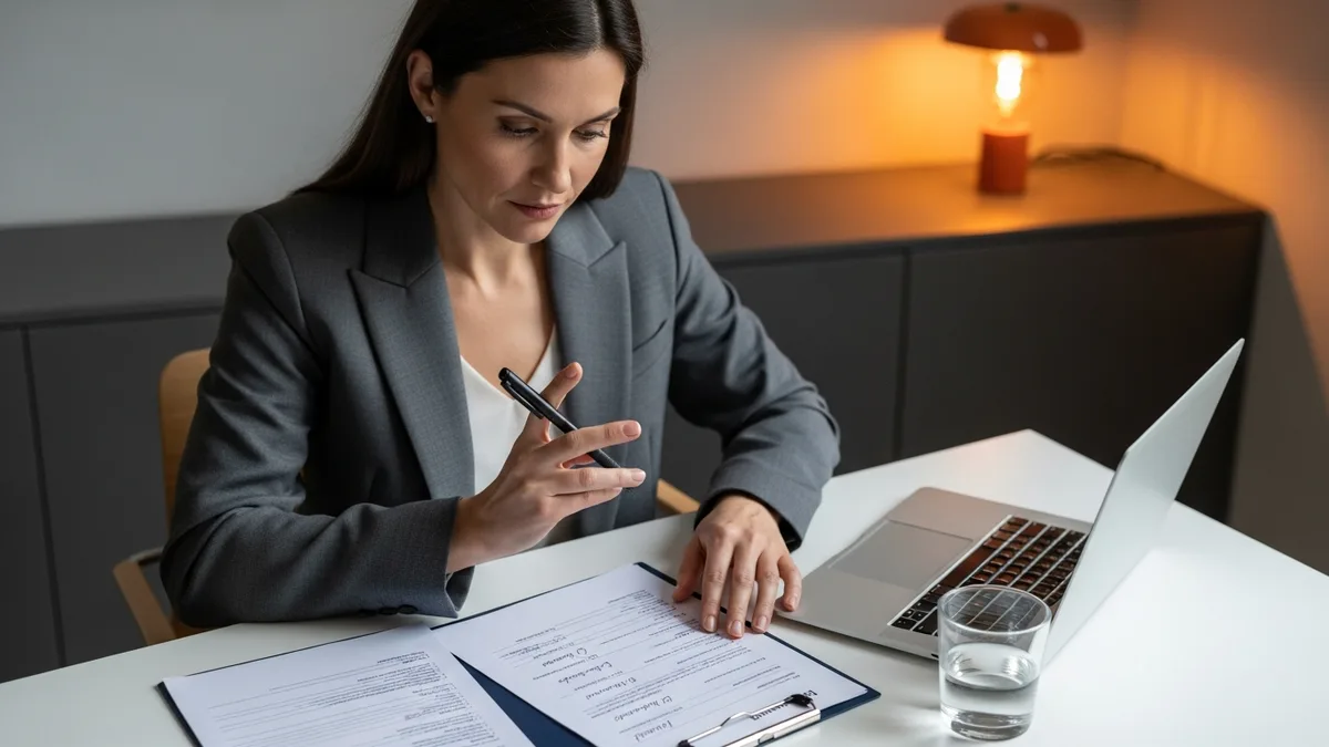 Hiring manager reviewing interview scorecard and candidate evaluation notes at a professional office desk with laptop