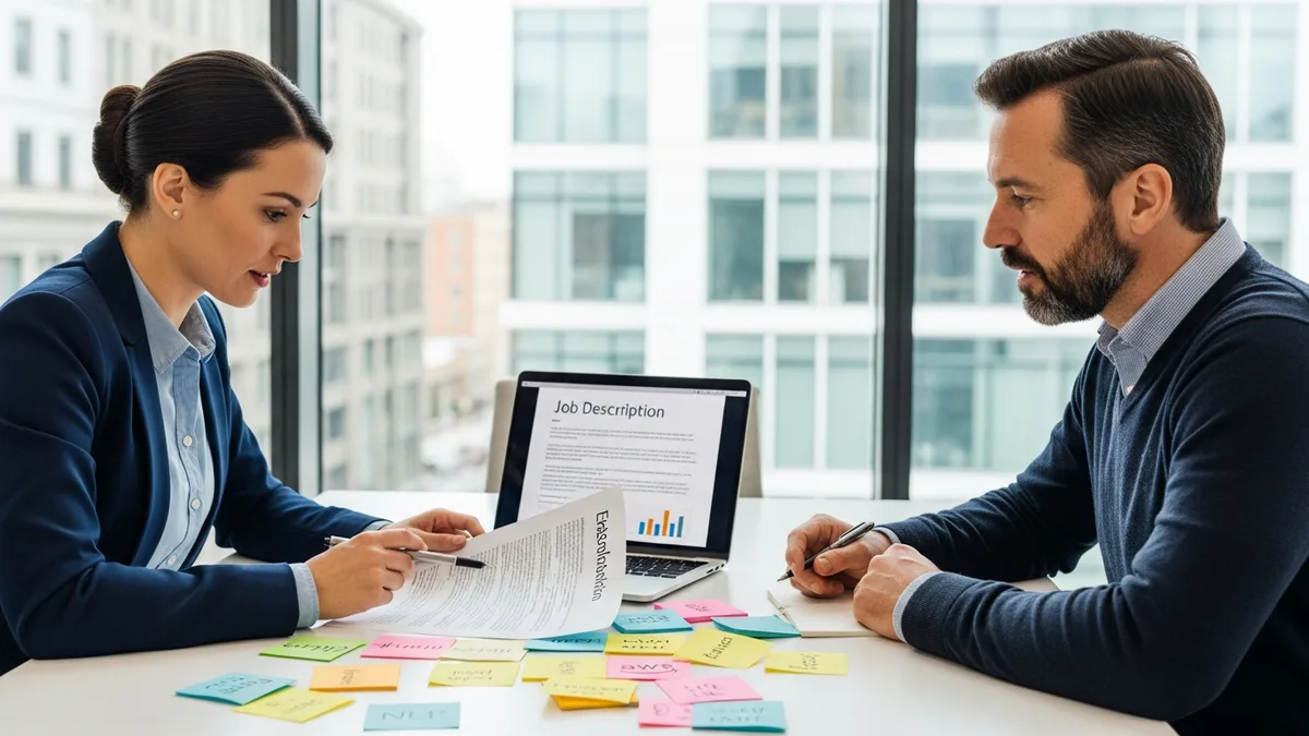 Hiring manager and engineering lead reviewing and editing a machine learning engineer job description in a modern conference room