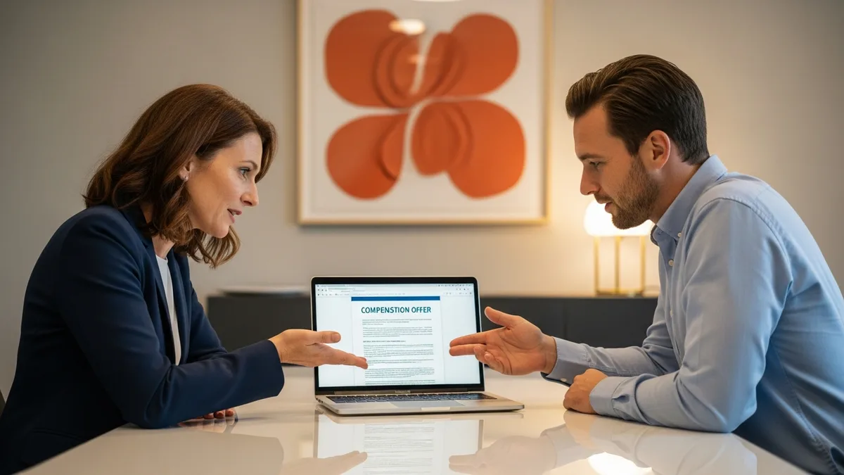 Hiring manager and recruiter reviewing a solutions architect compensation offer on a laptop