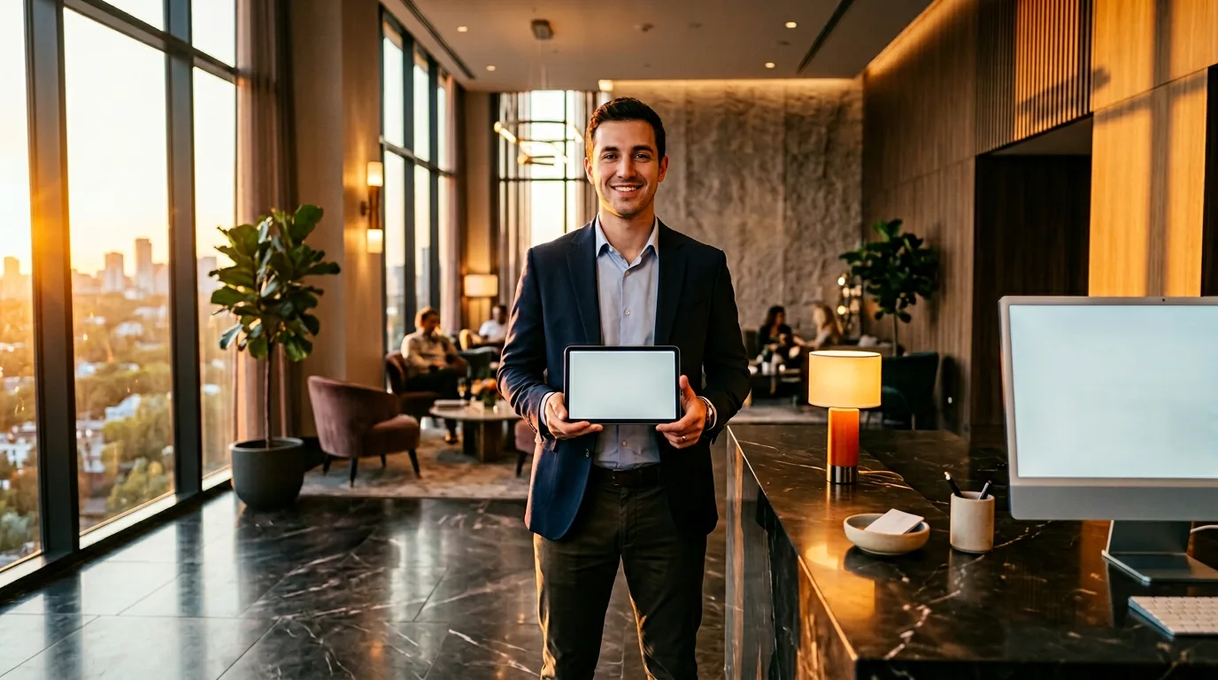 Hospitality IT specialist supporting a hotel front desk operation with warm lobby lighting