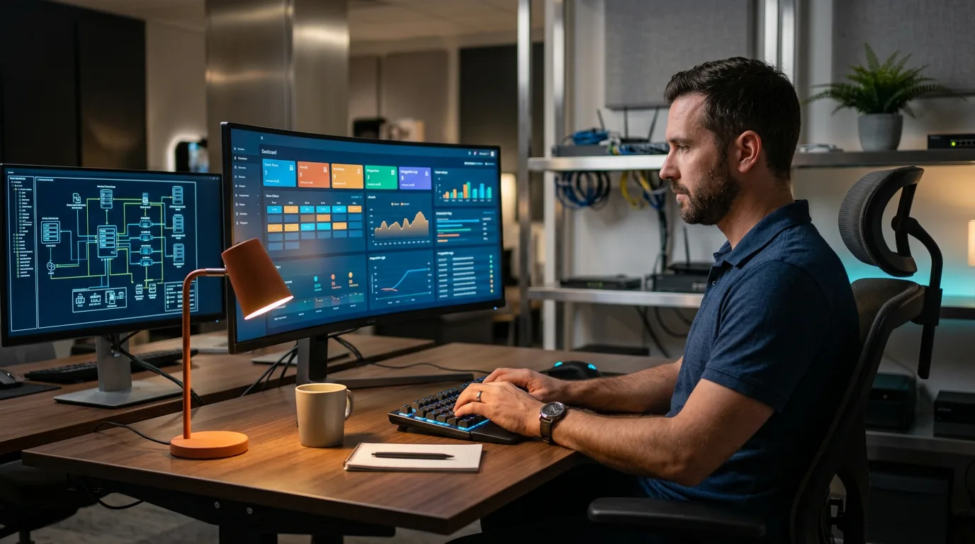 Hotel operations engineer reviewing property management system dashboards at a back-office workstation