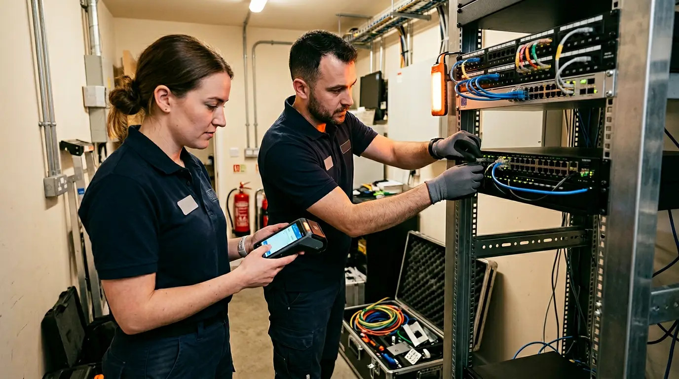 Hospitality technology rollout team installing point of sale and network hardware in a hotel back office