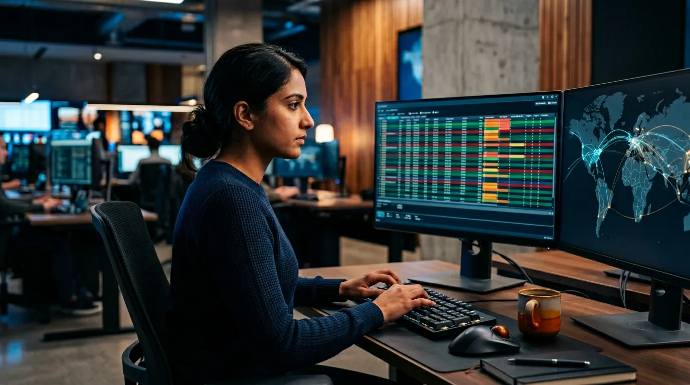 Travel technology engineer reviewing global distribution system data and booking engine performance