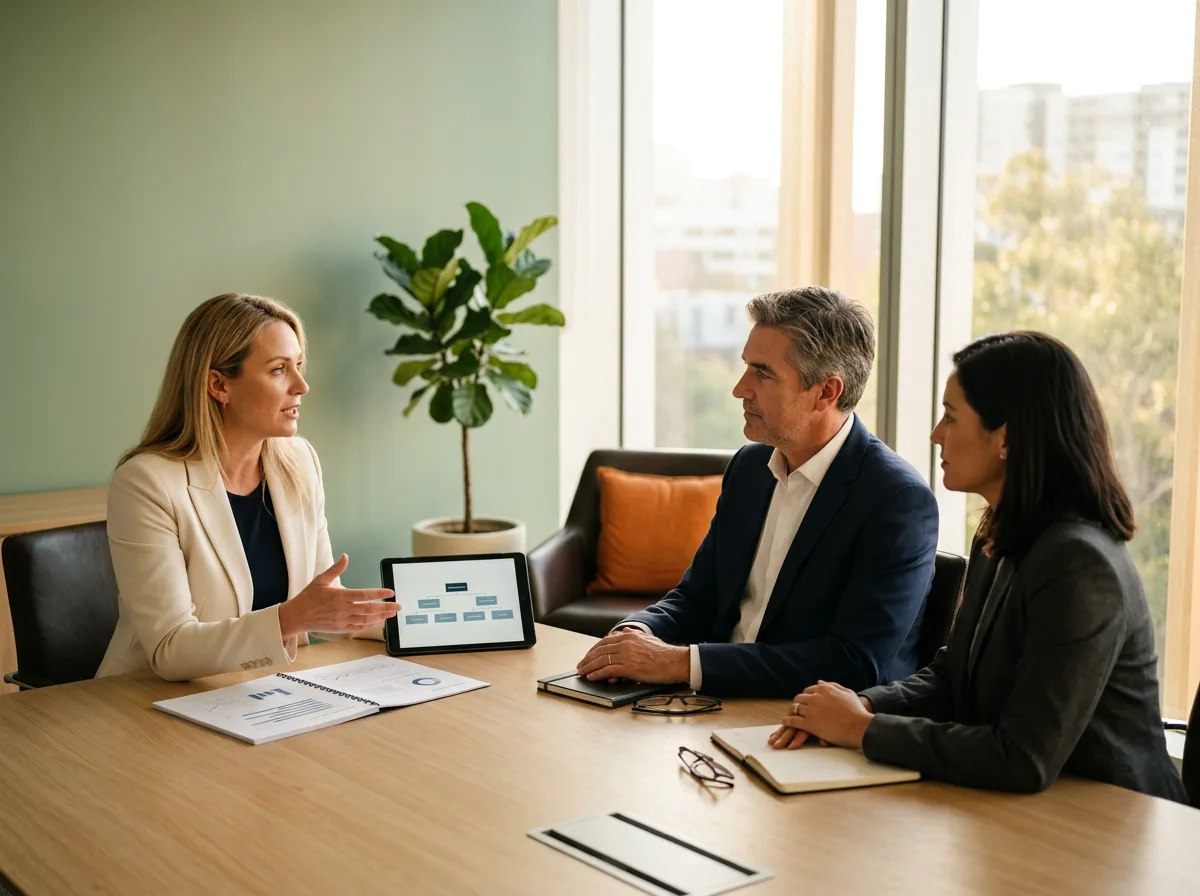 HR business partner advising executive leadership in a sunlit modern boardroom