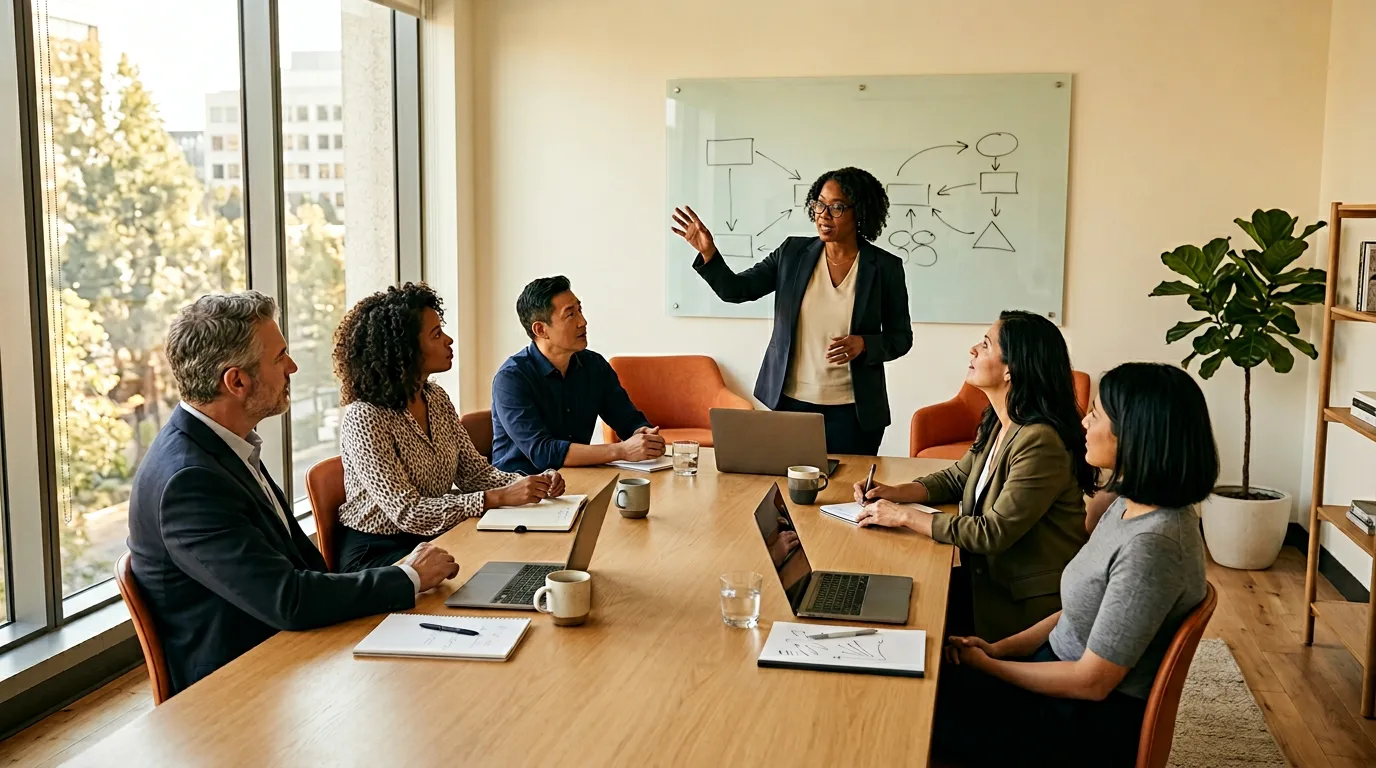 Cross-functional leadership meeting with HR business partner facilitating a strategy discussion in a warm lit conference room