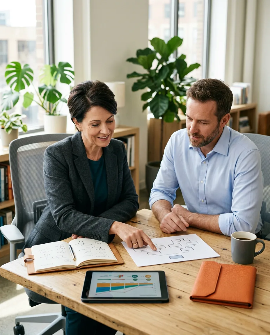 Senior HR business partner reviewing org design and compensation data with a department leader