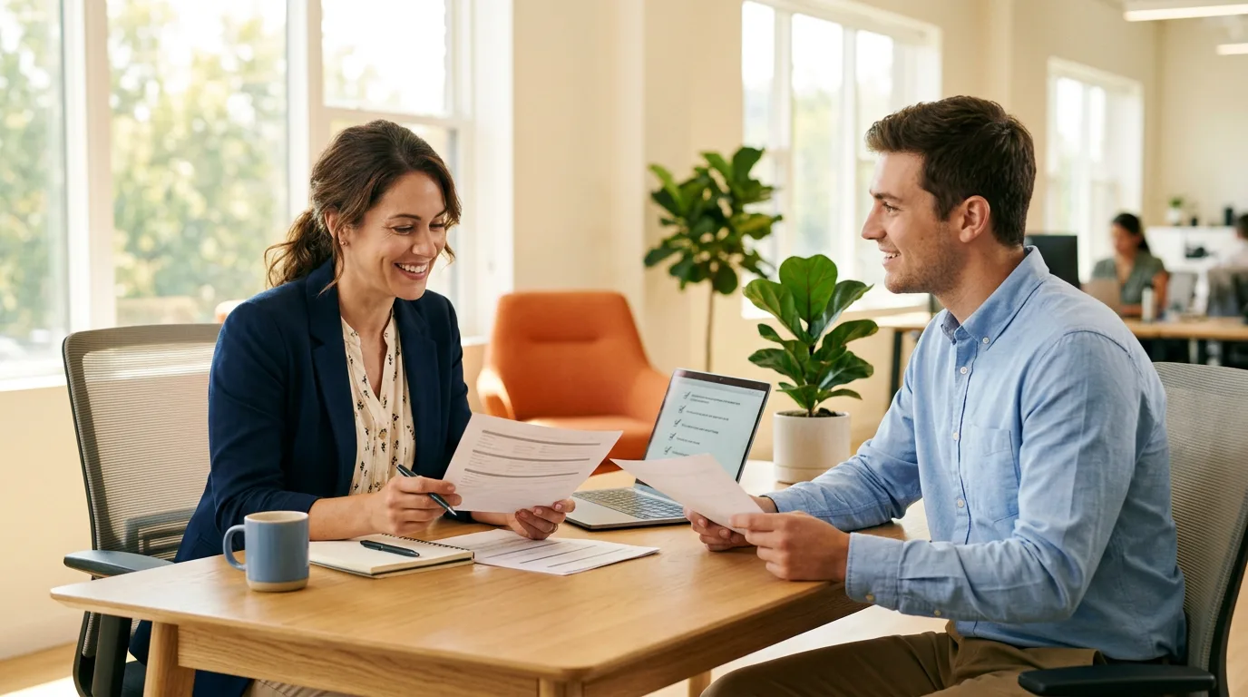 HR generalist reviewing onboarding paperwork with a new hire in a bright modern office