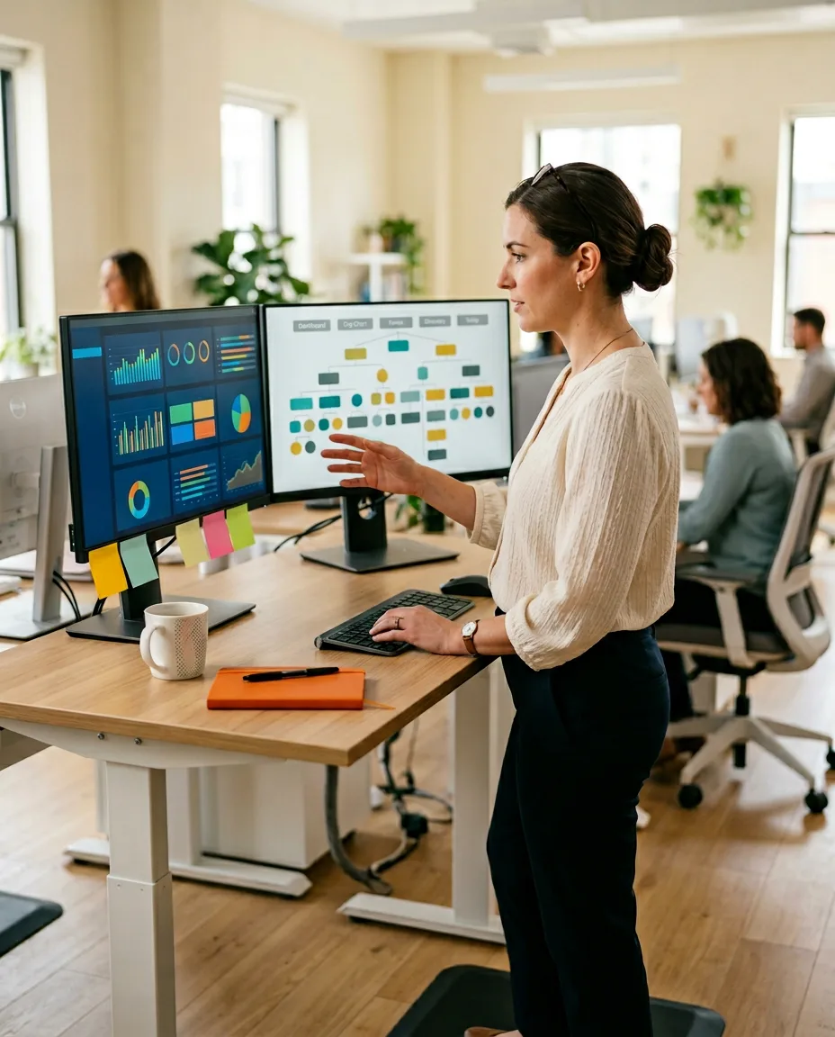 HR generalist at a standing desk managing benefits platform and org chart on two monitors