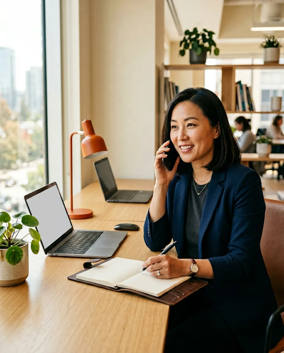 KORE1 recruiter on a phone consult with a client, warm natural light and orange accent lamp