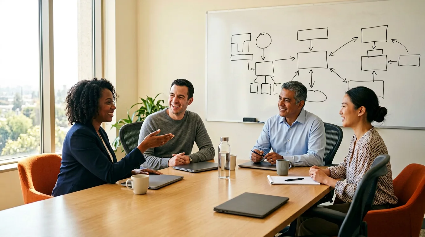 Small HR team meeting in a cream-walled conference room with orange accent chairs