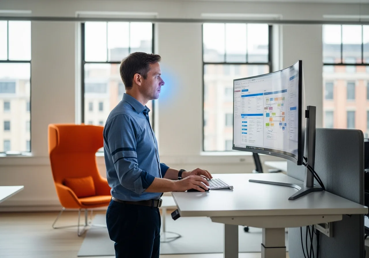 HRIS professional reviewing HR system configuration workflow at workstation — KORE1 HRIS analyst staffing