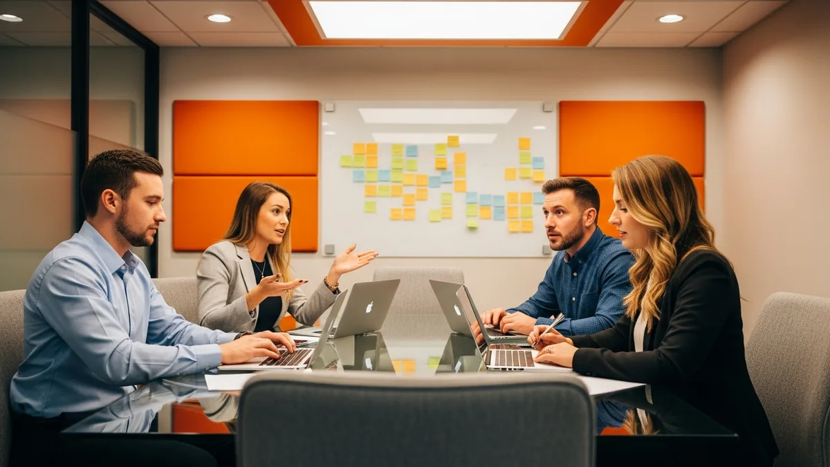 In-house recruiting team conducting an interview debrief in a conference room with notes and laptops