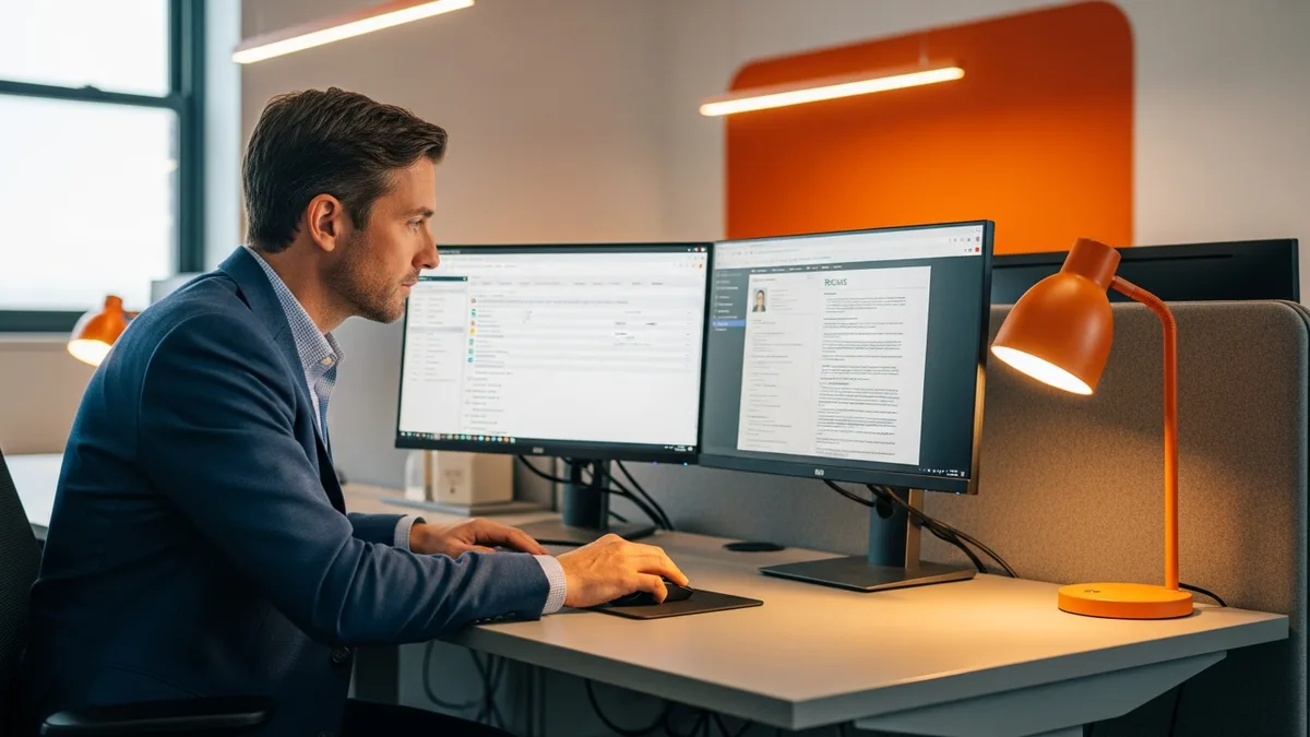 Staffing agency recruiter reviewing candidate profiles on dual monitors during a technical placement search