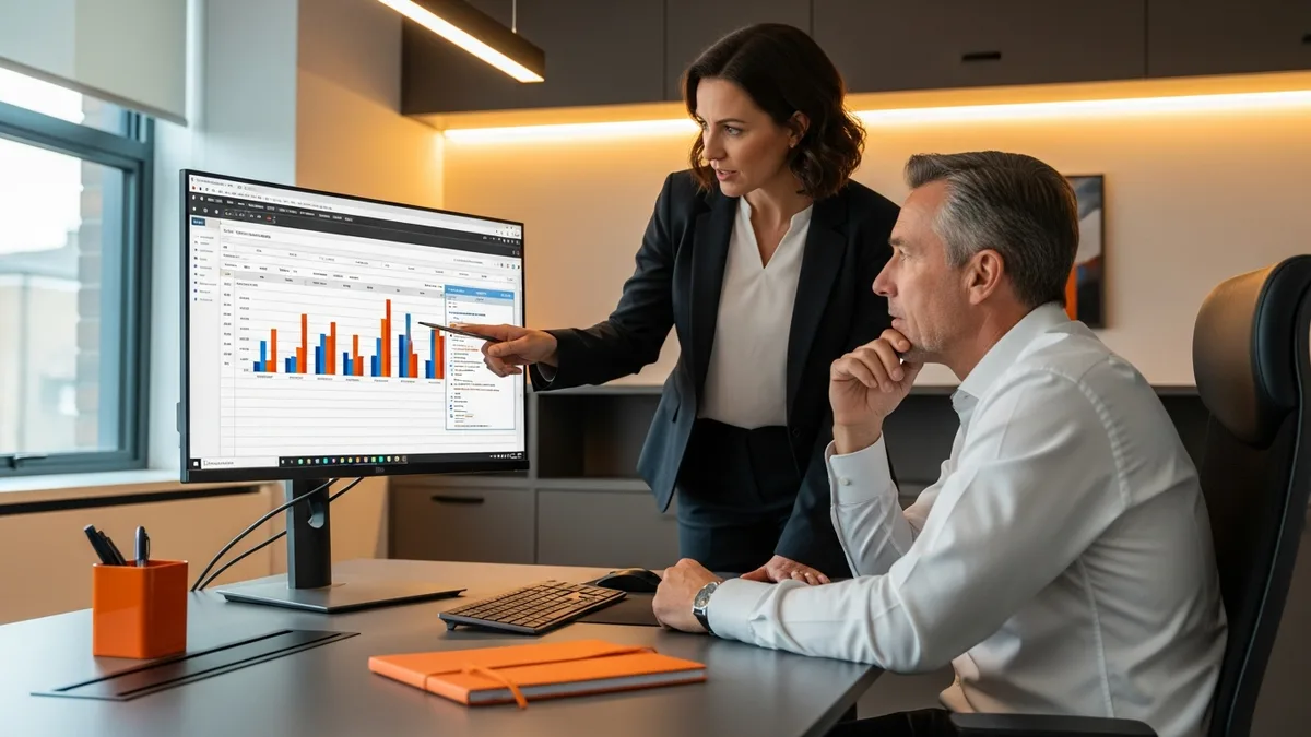 Hiring manager and CFO reviewing a cost analysis spreadsheet comparing in-house recruiting versus staffing agency expenses