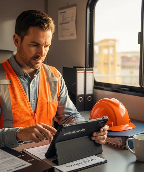 Construction project manager reviewing certified payroll documentation on tablet at job site trailer