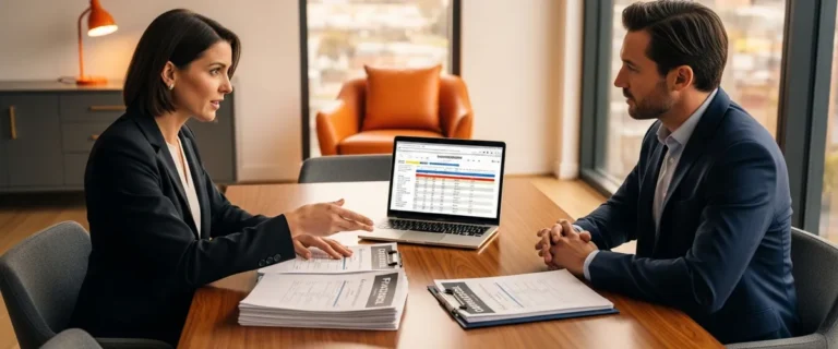 HR director and CFO comparing in-house payroll versus outsourced payroll services in a strategy meeting