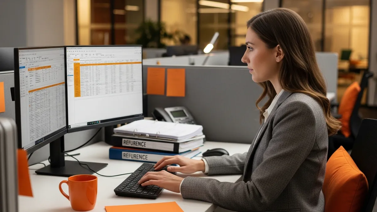 In-house payroll specialist managing payroll runs at corporate workstation with dual monitors and reference files