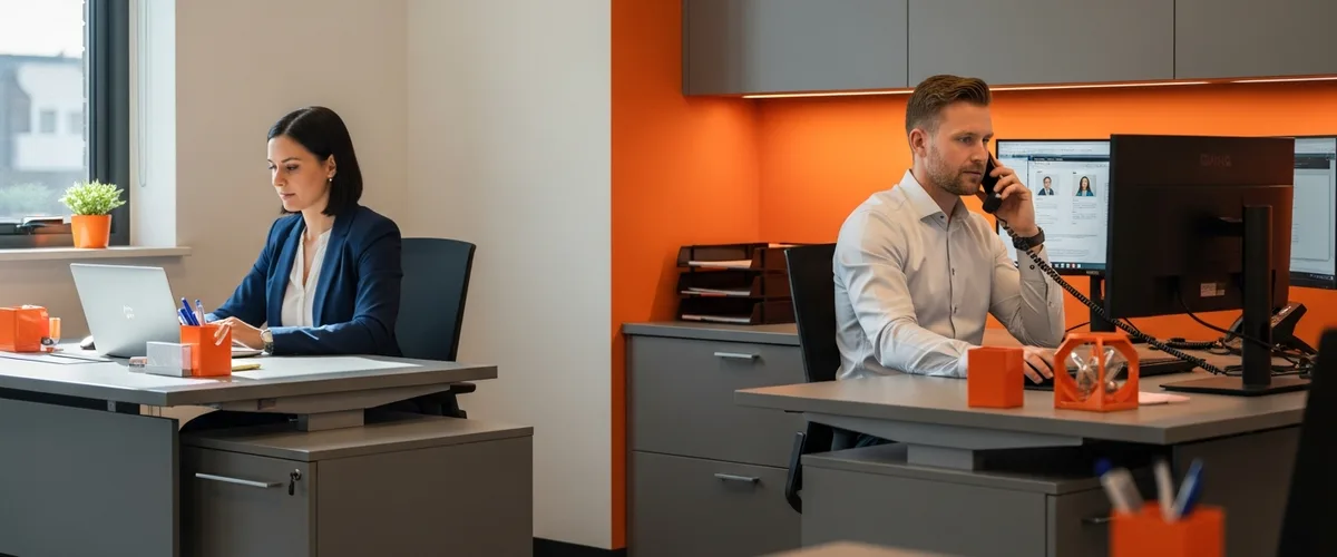 In-house HR recruiter and staffing agency recruiter working side by side in a modern corporate office
