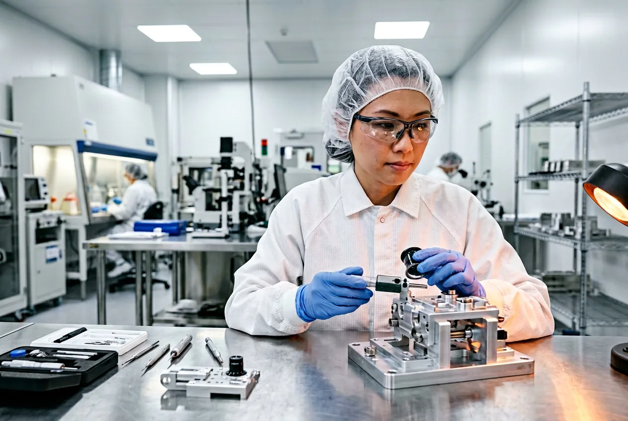 Engineer in safety glasses inspecting a precision fixture inside a medical device cleanroom