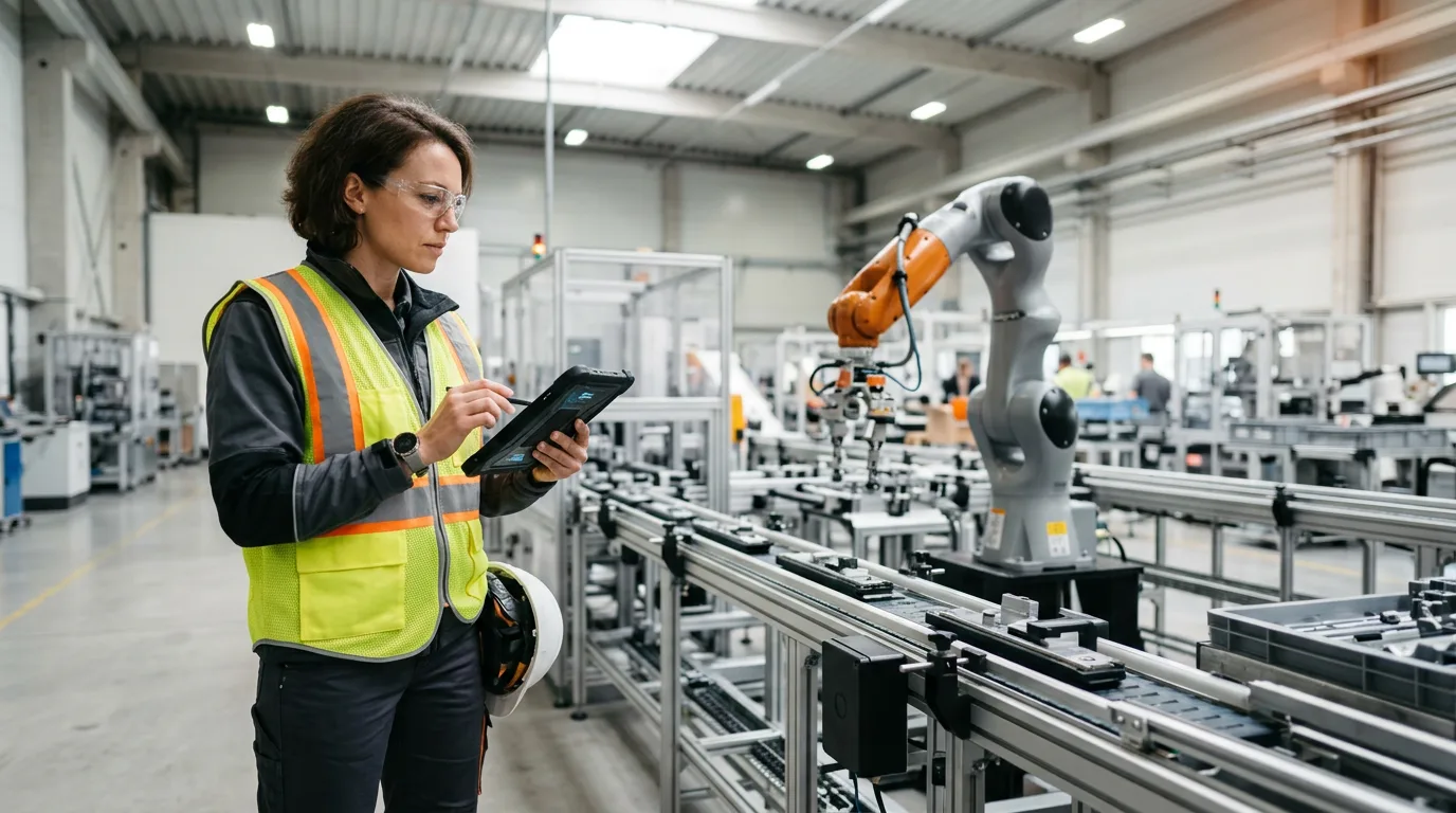 Industrial engineer with tablet conducting a time study on a modern production line