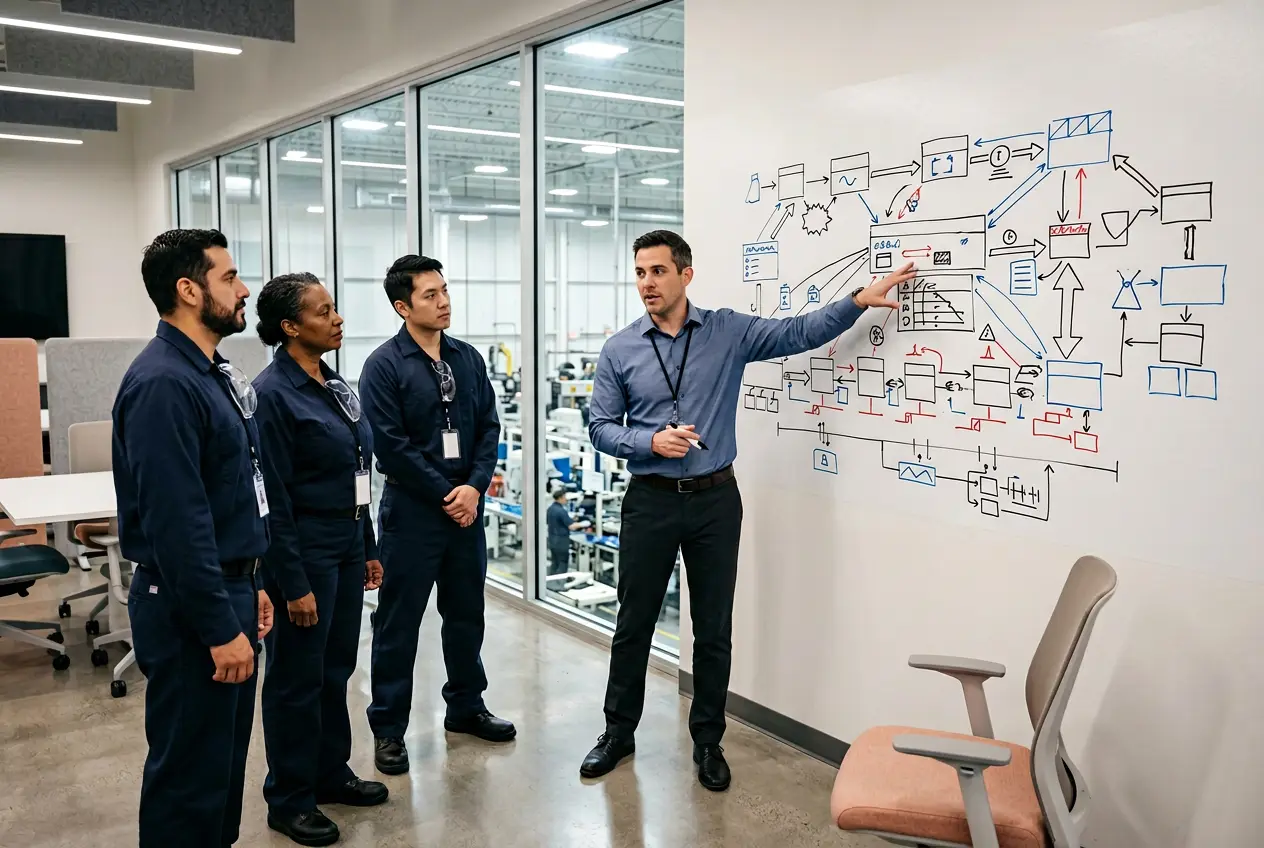 Industrial engineer reviewing a value stream map with operations team in a manufacturing facility