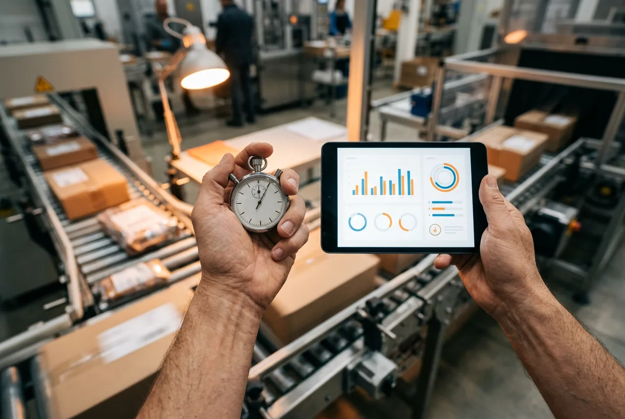 Hands holding stopwatch and tablet over a conveyor line during a process improvement study