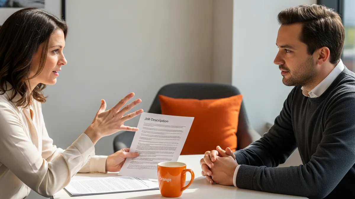 Hiring manager and senior infrastructure engineer reviewing job description requirements together at meeting table