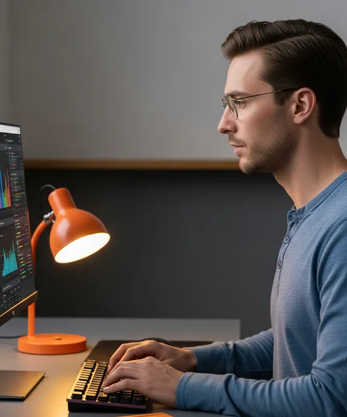 Focused infrastructure engineer analyzing observability dashboards on vertical monitor at workstation