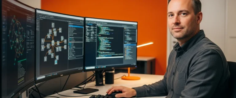 Senior infrastructure engineer monitoring network topology and server health dashboards at multi-monitor workstation