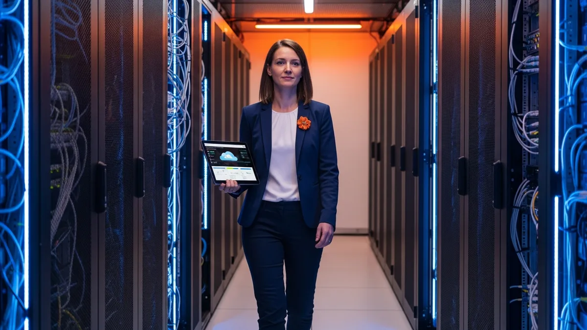 Infrastructure engineer with tablet inspecting cloud dashboards while walking through enterprise server room