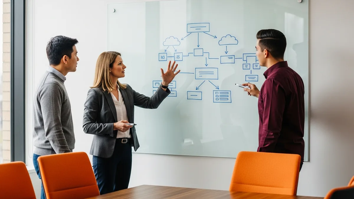Infrastructure engineering team collaborating on cloud architecture diagram at glass whiteboard