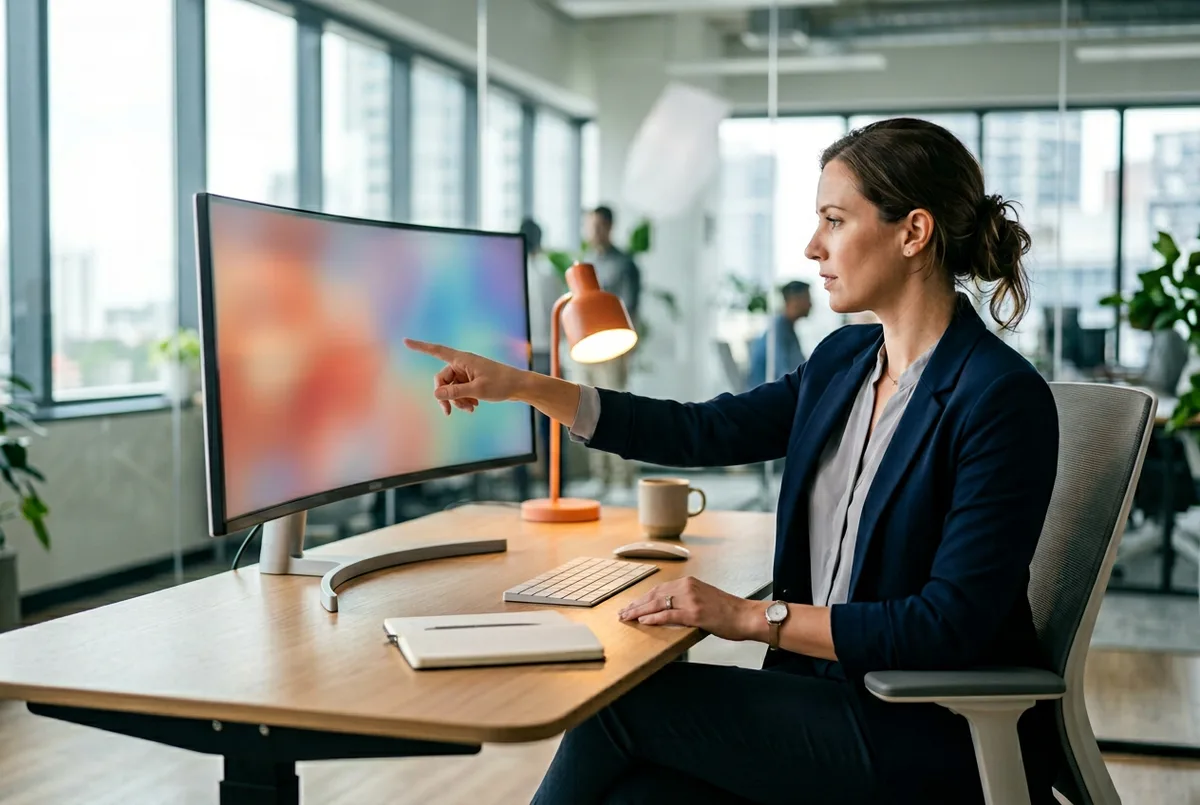 Insurance data analyst reviewing actuarial dashboards and underwriting analytics on a curved monitor