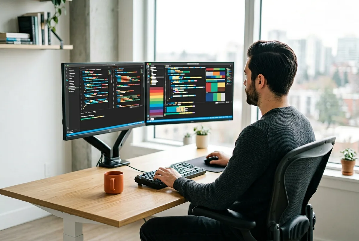 Insurance IT developer reviewing Guidewire ClaimCenter configuration code at a dual monitor workstation