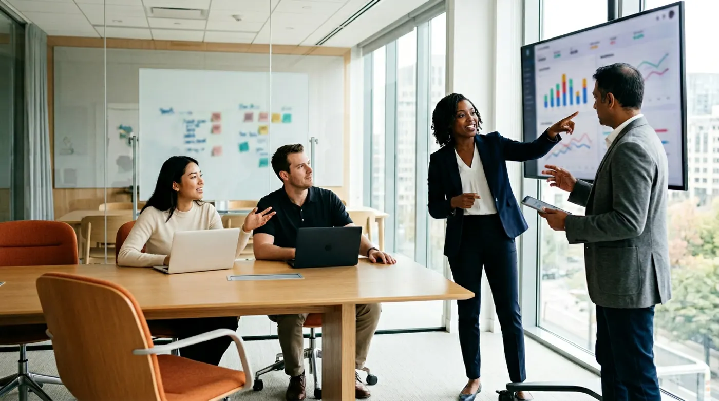 Insurance technology team reviewing core systems modernization roadmap on a large monitor in a bright corporate workspace
