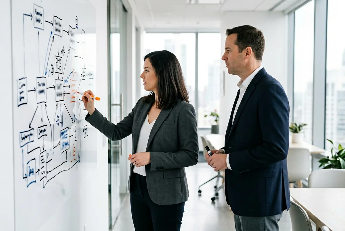 Two insurance IT consultants reviewing a claims and policy modernization workflow diagram on a whiteboard